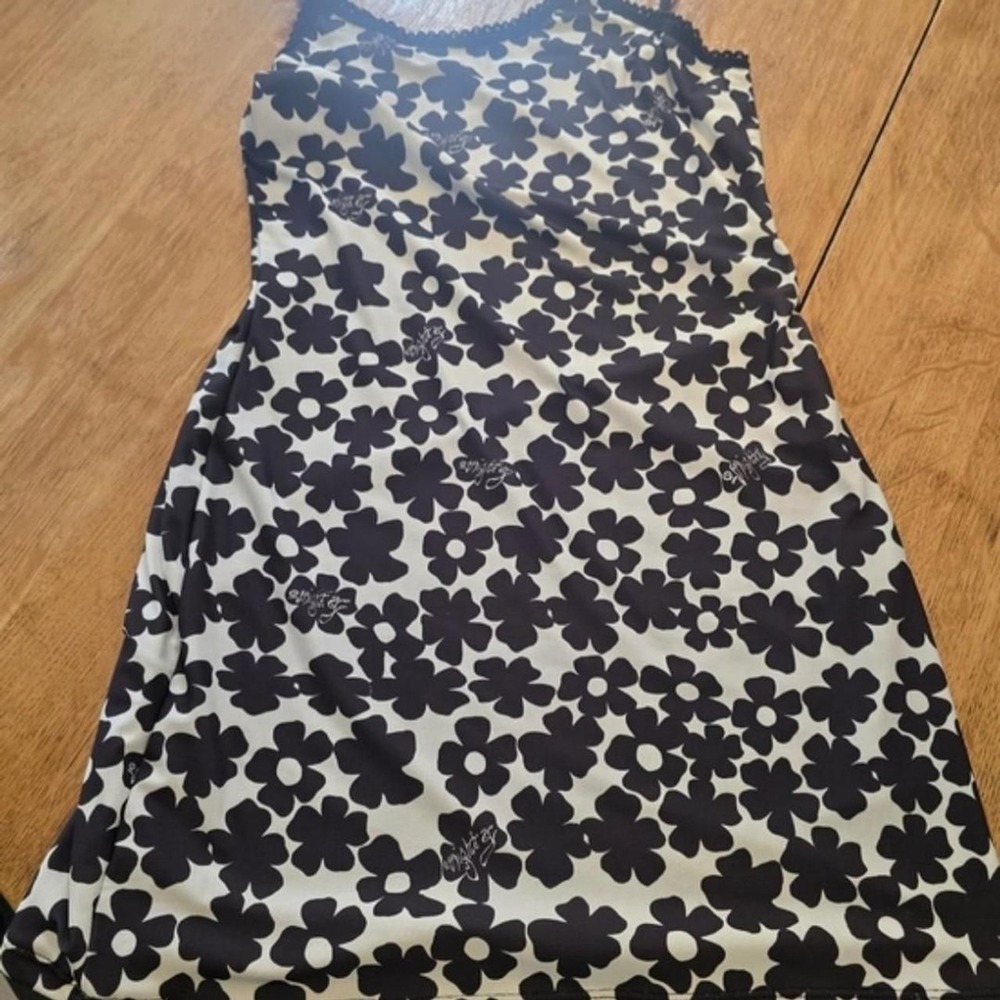 O-Mighty Black White Floral Mini Dress Red‎ Bow Lace Trim Y2K Slip Dress size M